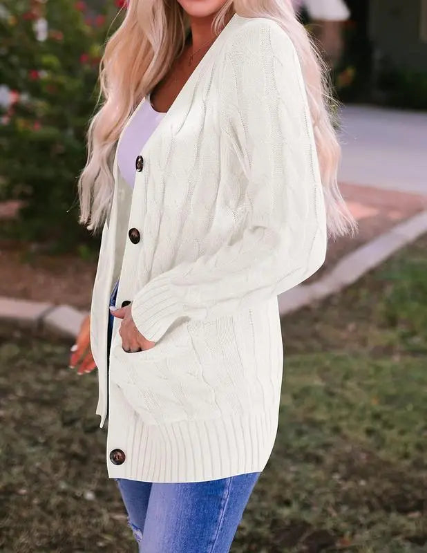 Women's Fall Casual Long Sleeve Button Down Open Front Cable Knit Cardigan
