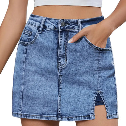 💝Women's Minimalist High-Waisted Denim Mini Skirt Shorts with Side Slit