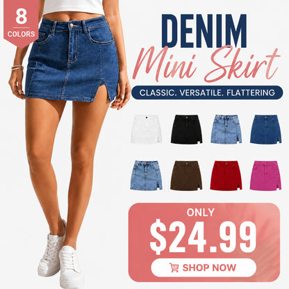 💝Women's Minimalist High-Waisted Denim Mini Skirt Shorts with Side Slit