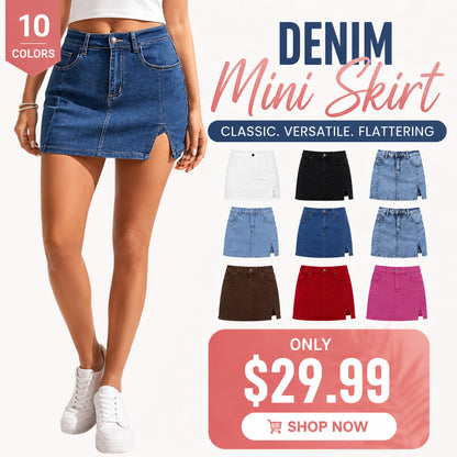 💝Women's Minimalist High-Waisted Denim Mini Skirt Shorts with Side Slit