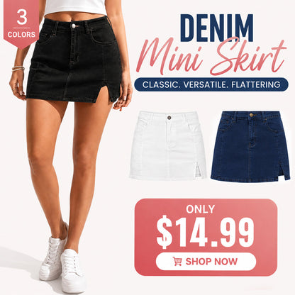 💝Women's Minimalist High-Waisted Denim Mini Skirt Shorts with Side Slit