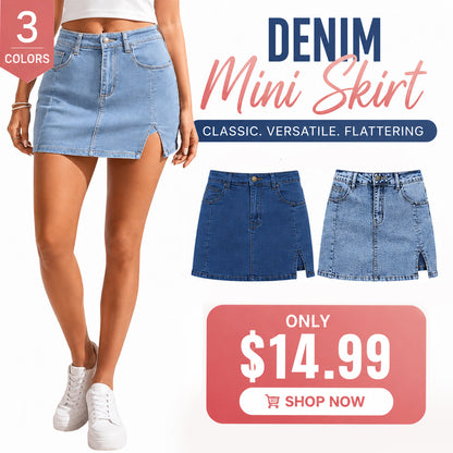 💝Women's Minimalist High-Waisted Denim Mini Skirt Shorts with Side Slit
