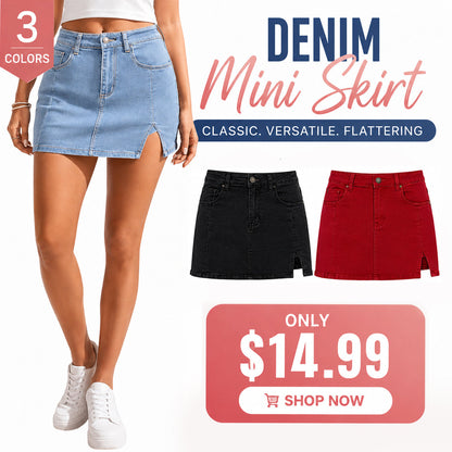 💝Women's Minimalist High-Waisted Denim Mini Skirt Shorts with Side Slit