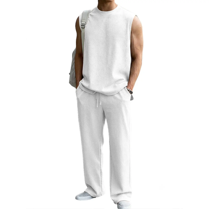 🔥 Limited-Time Sale ✨ Men’s 2-Piece Rib Knit Set | Sleeveless Tank + Wide Leg Pants 🌴