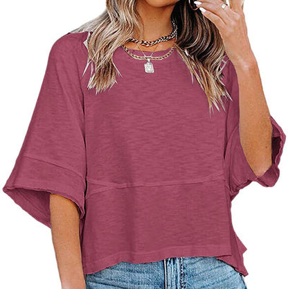 ✨2026 HOT SALE 💃🌸Women's Solid Color Splicing Loose Five Points Flare Sleeve T-Shirt