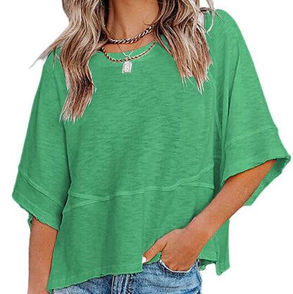 ✨2026 HOT SALE 💃🌸Women's Solid Color Splicing Loose Five Points Flare Sleeve T-Shirt