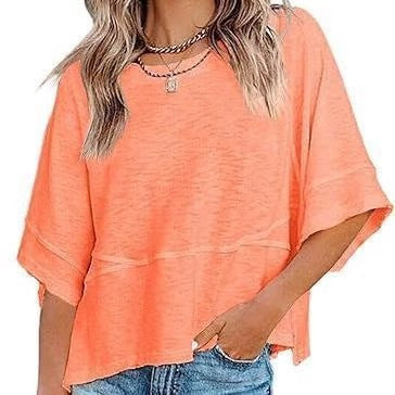 ✨2026 HOT SALE 💃🌸Women's Solid Color Splicing Loose Five Points Flare Sleeve T-Shirt