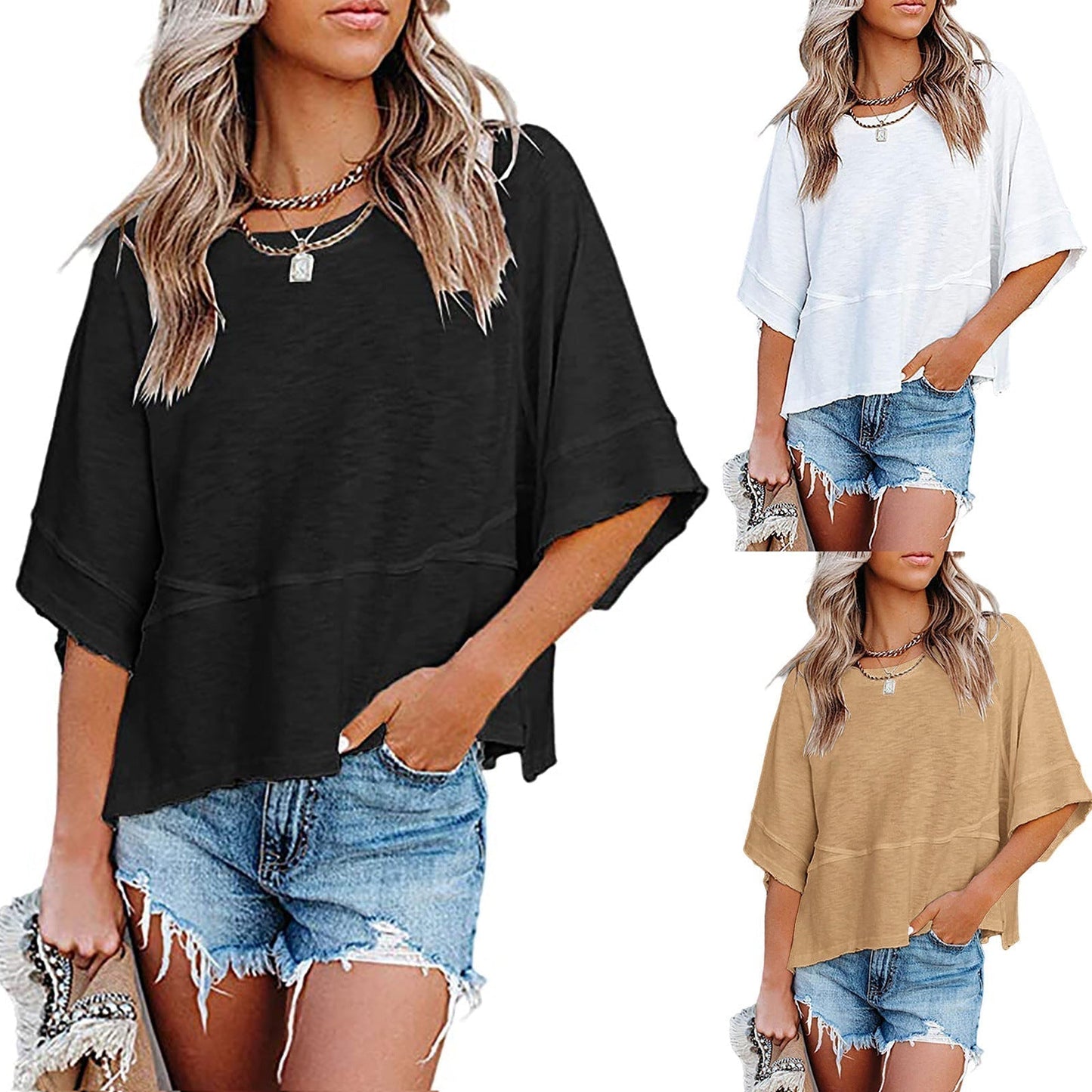 ✨2026 HOT SALE 💃🌸Women's Solid Color Splicing Loose Five Points Flare Sleeve T-Shirt