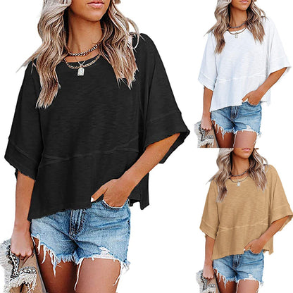 ✨2026 HOT SALE 💃🌸Women's Solid Color Splicing Loose Five Points Flare Sleeve T-Shirt