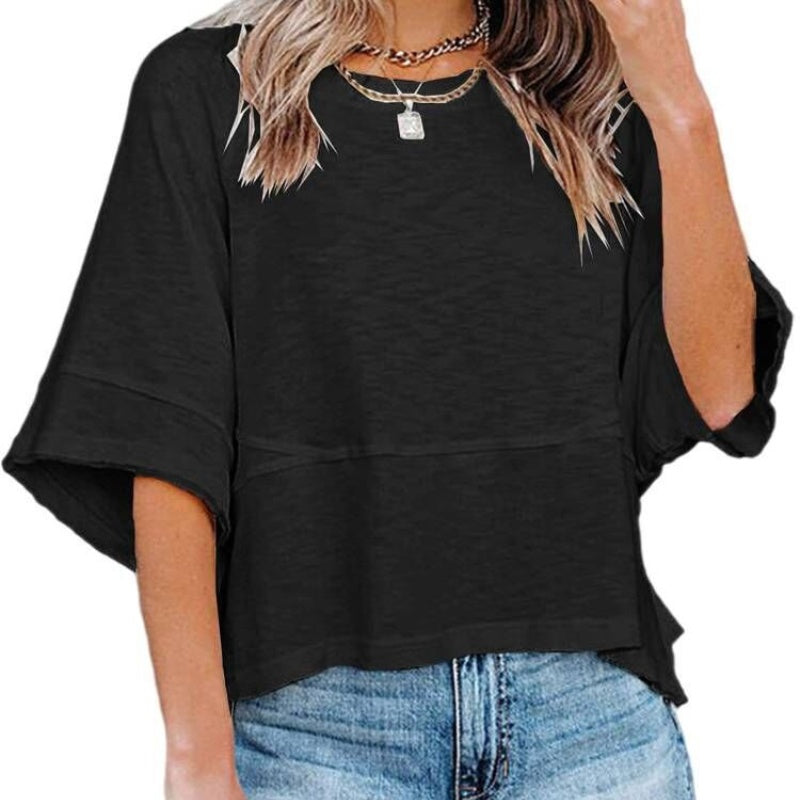 ✨2026 HOT SALE 💃🌸Women's Solid Color Splicing Loose Five Points Flare Sleeve T-Shirt