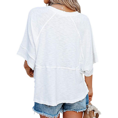 ✨2026 HOT SALE 💃🌸Women's Solid Color Splicing Loose Five Points Flare Sleeve T-Shirt