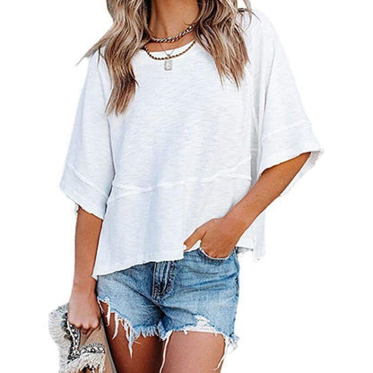 ✨2026 HOT SALE 💃🌸Women's Solid Color Splicing Loose Five Points Flare Sleeve T-Shirt