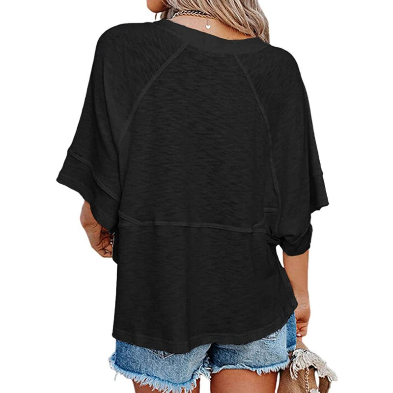 ✨2026 HOT SALE 💃🌸Women's Solid Color Splicing Loose Five Points Flare Sleeve T-Shirt