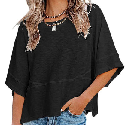✨2026 HOT SALE 💃🌸Women's Solid Color Splicing Loose Five Points Flare Sleeve T-Shirt
