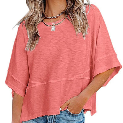 ✨2026 HOT SALE 💃🌸Women's Solid Color Splicing Loose Five Points Flare Sleeve T-Shirt