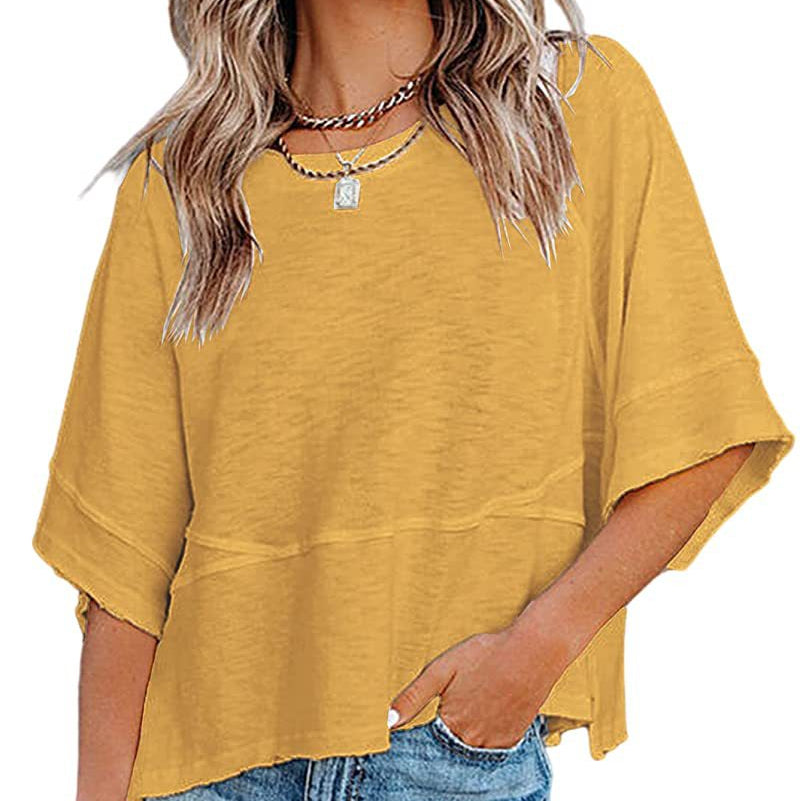 ✨2026 HOT SALE 💃🌸Women's Solid Color Splicing Loose Five Points Flare Sleeve T-Shirt